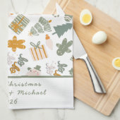 グリーンアンド金ゴールドクリスマスホリデーパーティー キッチンタオル (四つ折り)