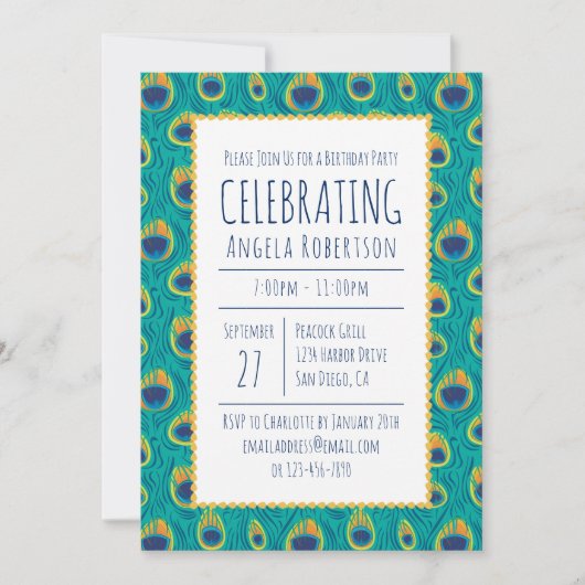 グリーンアンド金ゴールドピーコック誕生日 招待状 (正面)