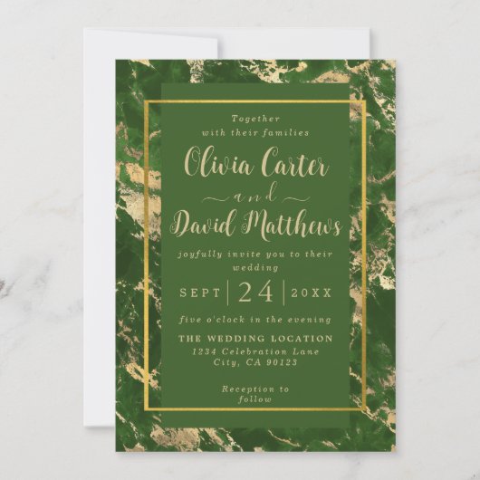 グリーンアンド金ゴールド大理石結婚式招待状 セーブザデート (正面)