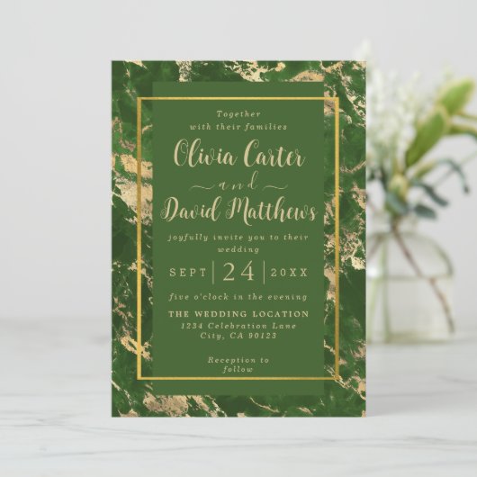 グリーンアンド金ゴールド大理石結婚式招待状 セーブザデート (スタンド正面)