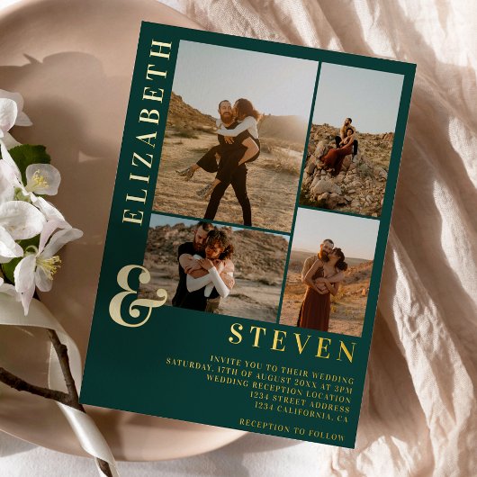 グリーンアンパサンド4フォトグ結婚リッドの金ゴールド箔 箔招待状