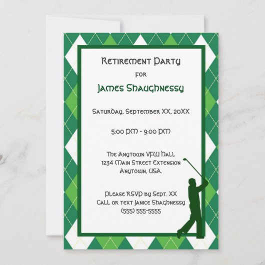 グリーンアーガイル柄のとゴルフのパーティー 招待状 (正面)