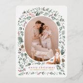 グリーンアーチウォーターカラーウッドランドクリスマスフォト 箔シーズンカード (正面)