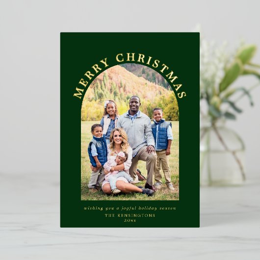 グリーンアーチクリスマスホリデーフォト 箔シーズンカード (立ち正面)