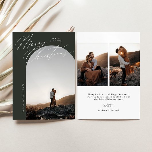 グリーンアーチフォトクリーンスクリプトタイポグラフィクリスマス シーズンカード