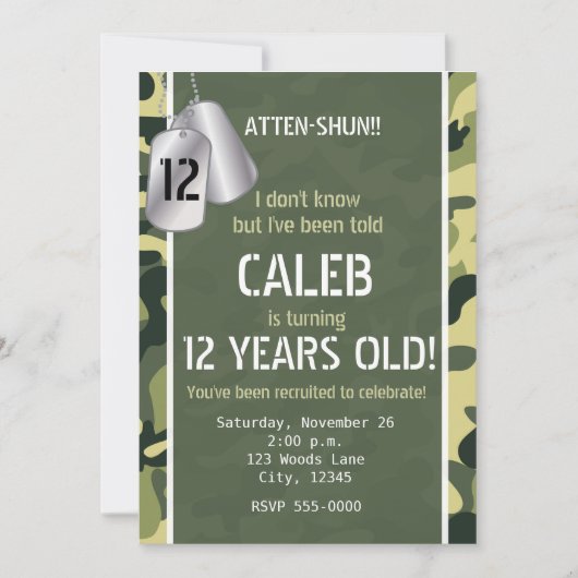 グリーンアーミードッグタグカモフラージュパーティの招待状 招待状 (正面)