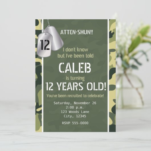 グリーンアーミードッグタグカモフラージュパーティの招待状 招待状 (スタンド正面)