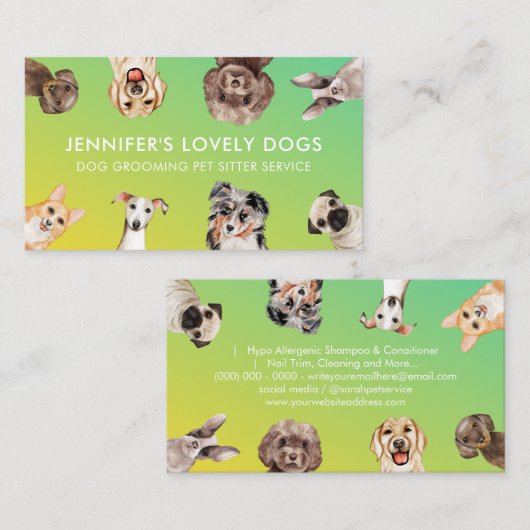 グリーンイエローかわいい小さなサイズの犬ペットシッター 名刺 (正面/裏面)