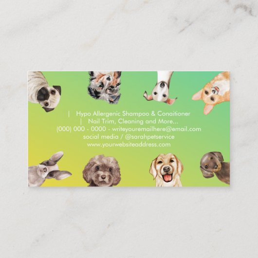 グリーンイエローかわいい小さなサイズの犬ペットシッター 名刺 (裏面)