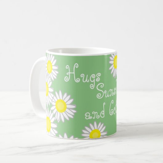 グリーンイエローとホワイトデイジーかわいいことわざ コーヒーマグカップ (正面左)