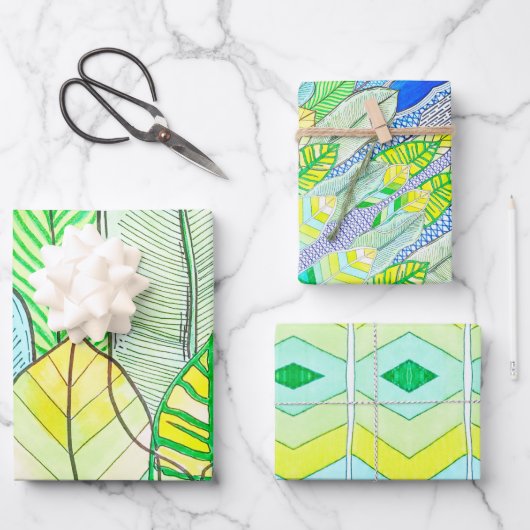 グリーンイエローキュートモダントロピカルボ葉ホ ラッピングペーパーシート (正面)