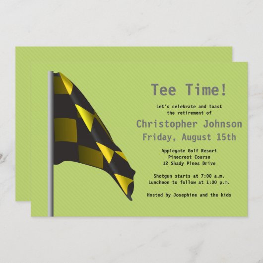 グリーンイエローゴルフフラグリタイアメントパーティの招待状 招待状 (正面/裏面)