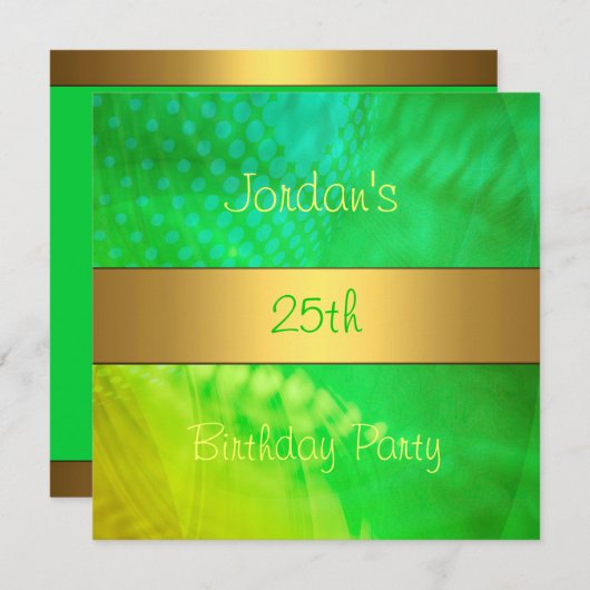 グリーンイエロースワール金ゴールド25th誕生日パーティー 招待状 (正面/裏面)