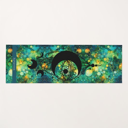 グリーンイエローブルードリームキャッチャーのアイネームBohemian ヨガマット (正面(横))