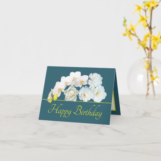 グリーンイエローブーケホワイトフラワーズハッピーバースデー カード (黄色い花)