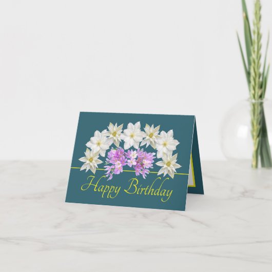 グリーンイエローホワイトパープルブーケハッピーバースデー カード (正面)