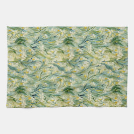 グリーンイエローボタニカルアイリスパターンキッチンタオル キッチンタオル