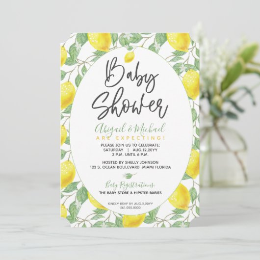 グリーンイエローボホレモンベビー男女兼用シャワー 招待状 (スタンド正面)