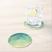 グリーンイエローマンダラインスピレーション調和花 ラウンドペーパーコースター (インサイチュ)