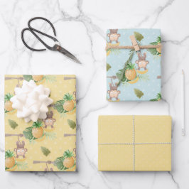 グリーンイエローモンキーツリーベビーシャワー ラッピングペーパーシート