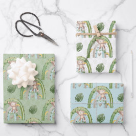 グリーンイエローモンキーツリーレインボーベビーシャワー ラッピングペーパーシート