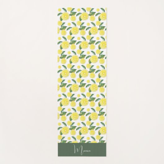 グリーンイエローレモンスライスウォーターカラーアート ヨガマット (正面)