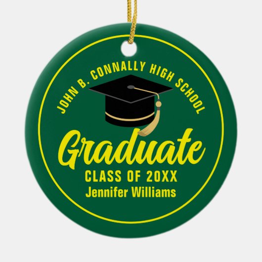 グリーンイエロー卒業カスタムクリスマス セラミックオーナメント (正面)