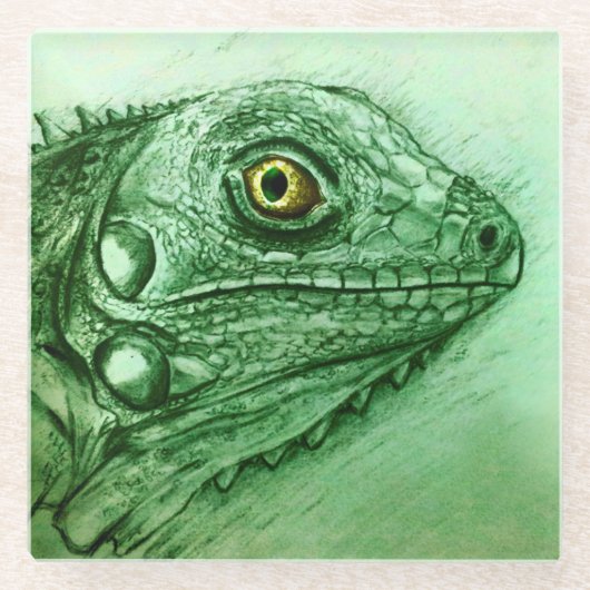 グリーンイグアナ素晴らしガラスコースター、リアルスケッチ ガラスコースター (正面)