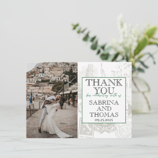 グリーンイタリ結婚アの写真ありがとう サンキューカード (スタンド正面)