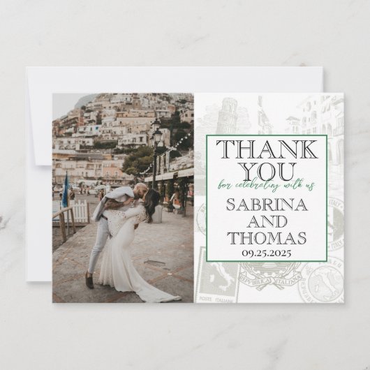 グリーンイタリ結婚アの写真ありがとう サンキューカード (正面)