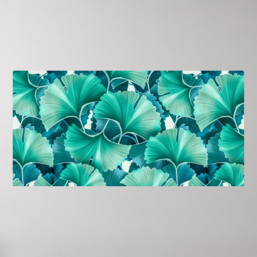 グリーンイチョウイラストレーション模様 ポスター (正面)