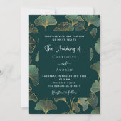 グリーンイチョウ葉金ゴールド結婚植物学 招待状 (正面)