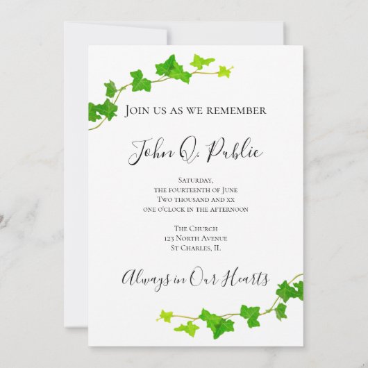 グリーンイングリッシュアイビーつる植物葉お祝いオブ・ライフ 招待状 (裏面)