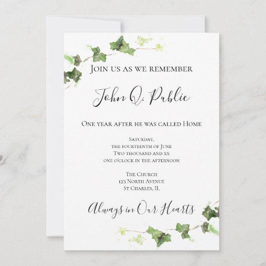 グリーンイングリッシュアイビーウォーター色死記念日 招待状 (裏面)