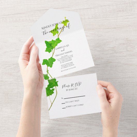 グリーンイングリッシュアイビー結婚つる植物 オールインワン招待状 (貼ってはがせる)