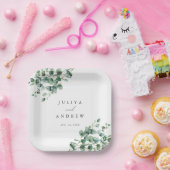 グリーンイージュ・ユーカリのスクリプト結婚式 ペーパープレート (パーティー)