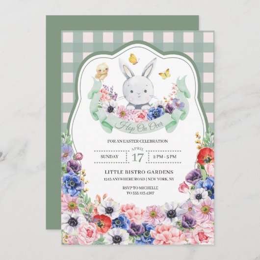 グリーンイースターうさぎの春のイースターエッグハント 招待状 (正面/裏面)