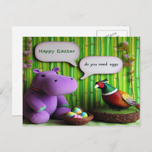 グリーンイースターおもしろい:ヒッポとキジ卵 シーズンポストカード (正面/裏面)