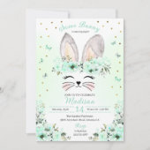 グリーンイースターバニーフラワークラウン誕生日 招待状 (正面)