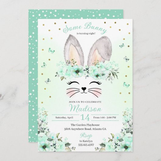 グリーンイースターバニーフラワークラウン誕生日 招待状 (正面/裏面)