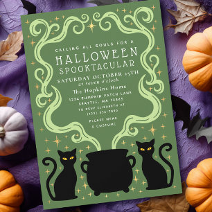 グリーンウィッチブラックキャットケトルハロウィンパーティー 招待状