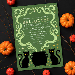 グリーンウィッチブラックキャットコールドロン・ハロウィンパーティー 箔招待状