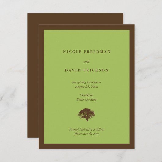 グリーンウェディングアナウンスメント オークの木 Save the Date 招待状 (正面/裏面)