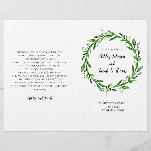 グリーンウェディングプログラム。夏の教会式 (正面)