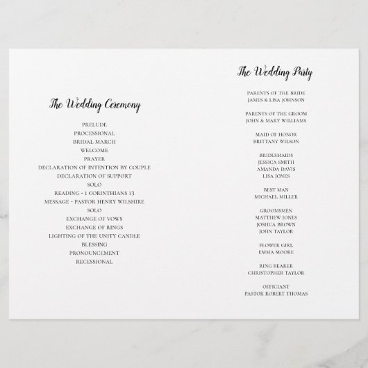 グリーンウェディングプログラム。夏の教会式 (裏面)