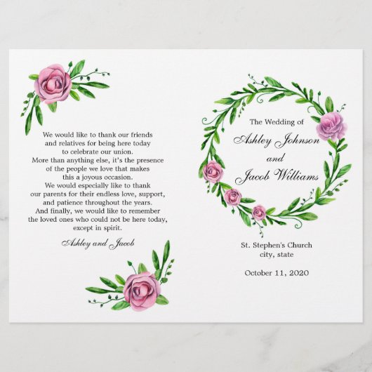 グリーンウェディングプログラム。夏の教会式 (正面)