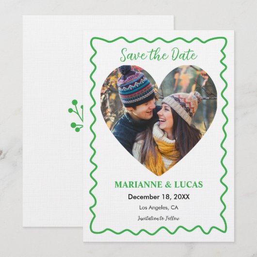 グリーンウェーブフレーム ハート写真 セーブ・ザ・デート カード (正面/裏面)