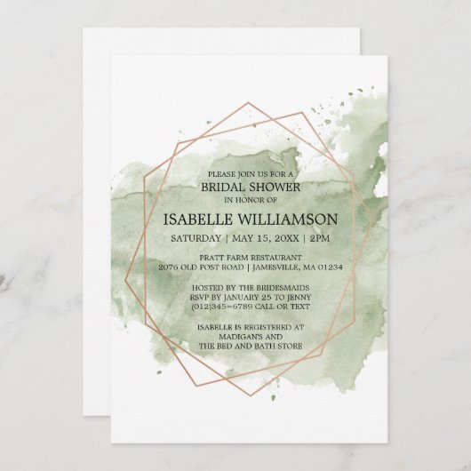 グリーンウォーターのカラーと金ゴールドブライダルシャワー招待状 招待状 (正面/裏面)