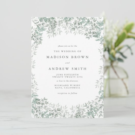 グリーンウォーターのカラーリーフミニマル結婚リスト 招待状 (スタンド正面)