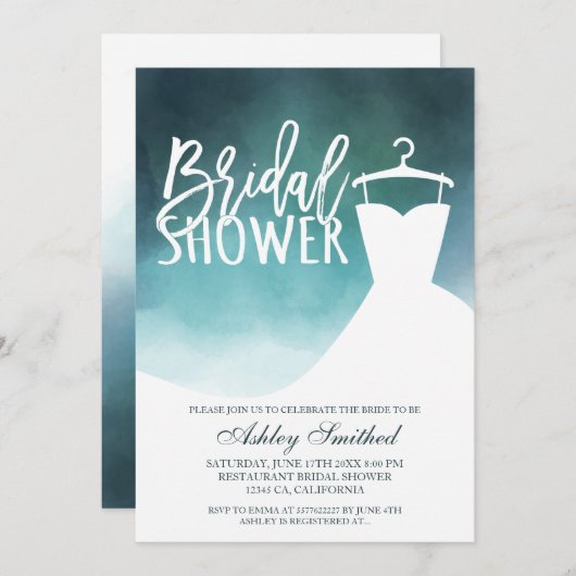 グリーンウォーターエレガントカラーシックなドレスブライダルシャワー 招待状 (正面/裏面)